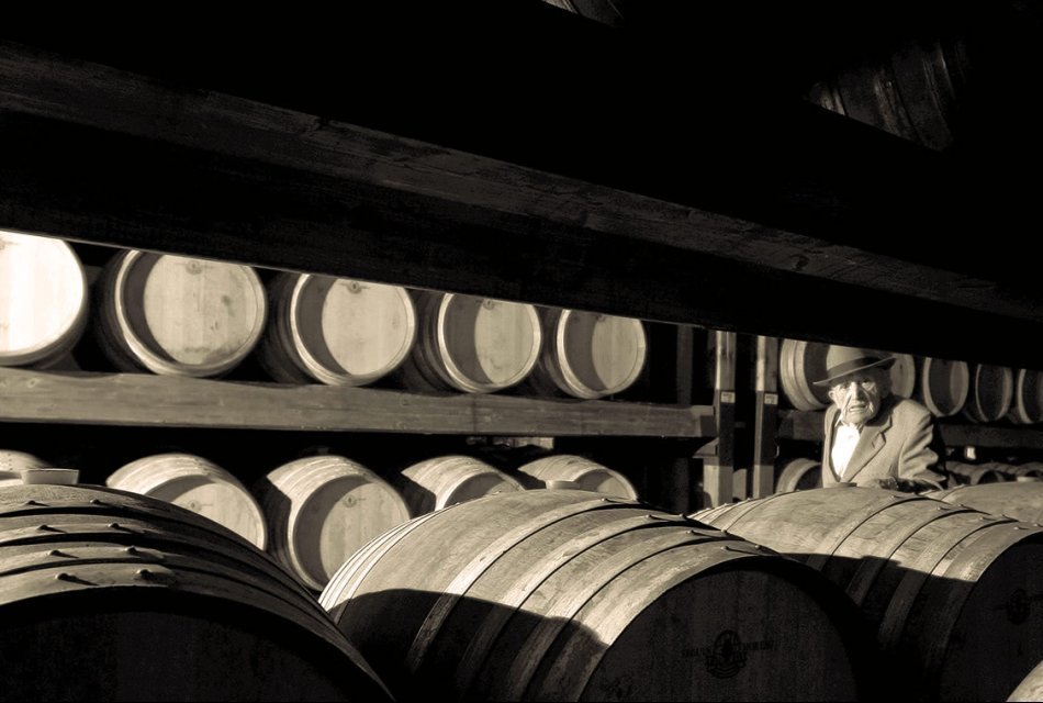 Argiolas. Uno suggestivo scatto della barricaia della cantina, dove evolvono i vini più prestigiosi dell'azienda e, sulla sinistra, Antonio Argiolas, centenario capostipite della cantina.